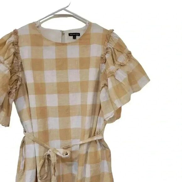 Who What Wear Women's Tan & White Cotton Large Gingham Checked Lined Dress w Ruf - Picture 4 of 14